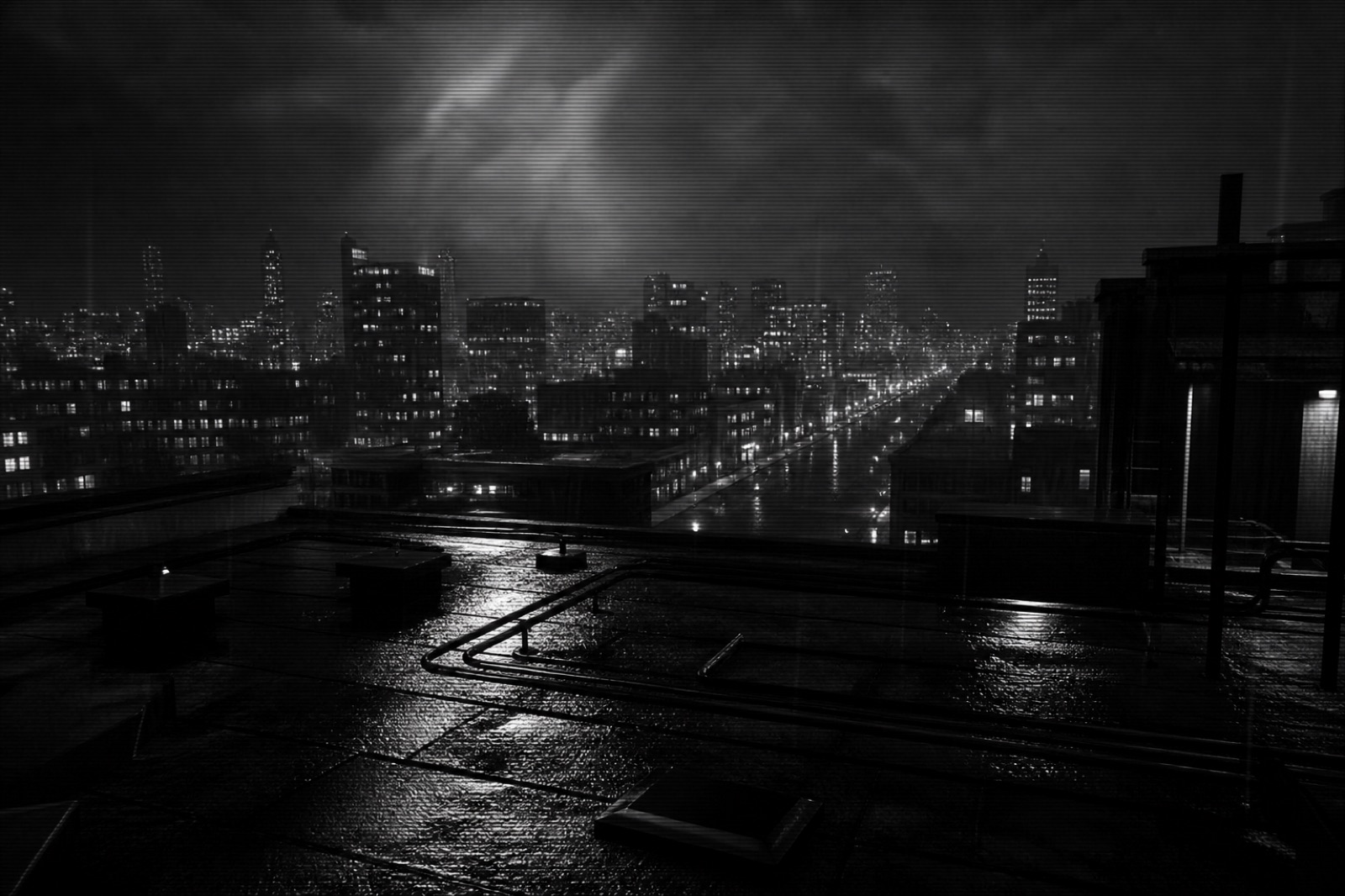 Night city grid in black and white
