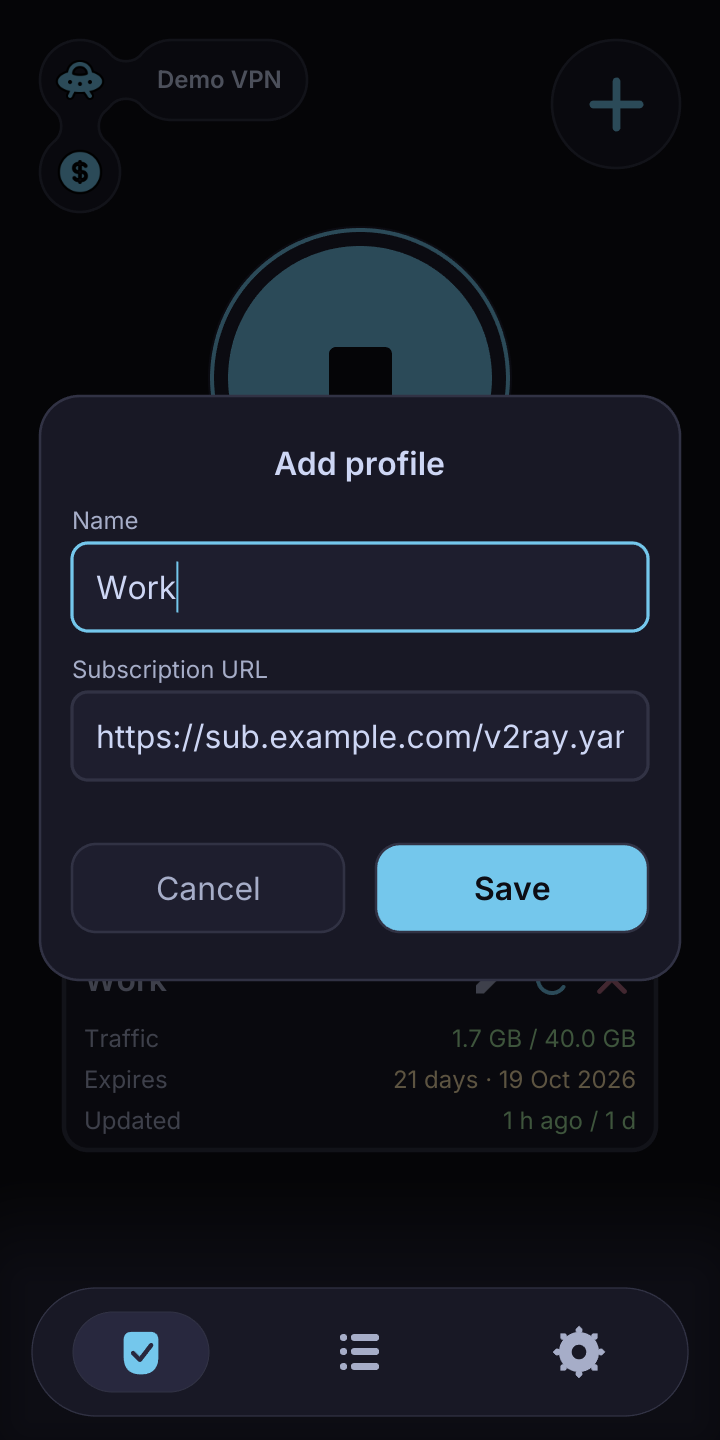 The add-profile form with name, subscription URL, and Save controls