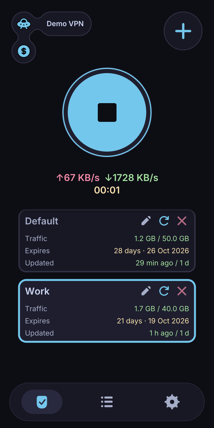 Mihonator home screen with service branding, a payment shortcut, and connection controls