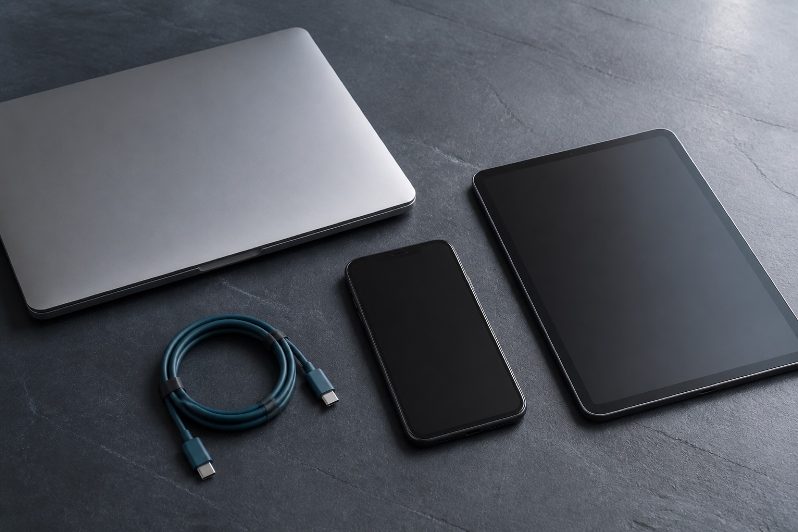Phone, laptop, and tablet on a slate table