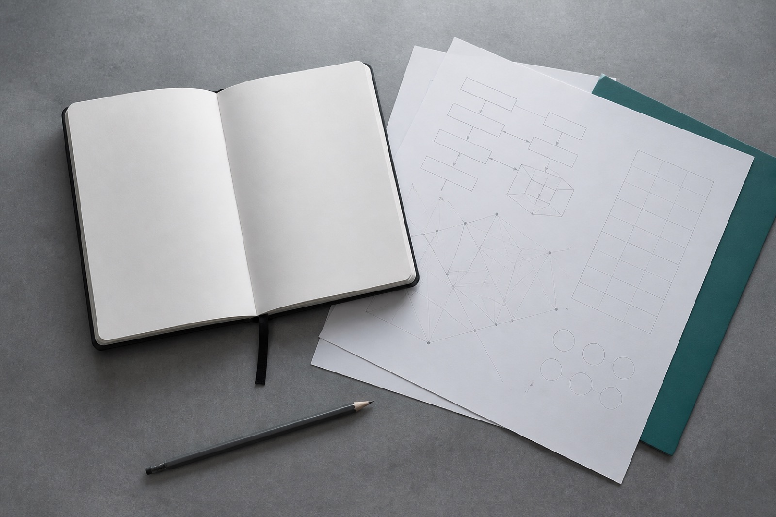 Printed network notes and a notebook on a zinc desk