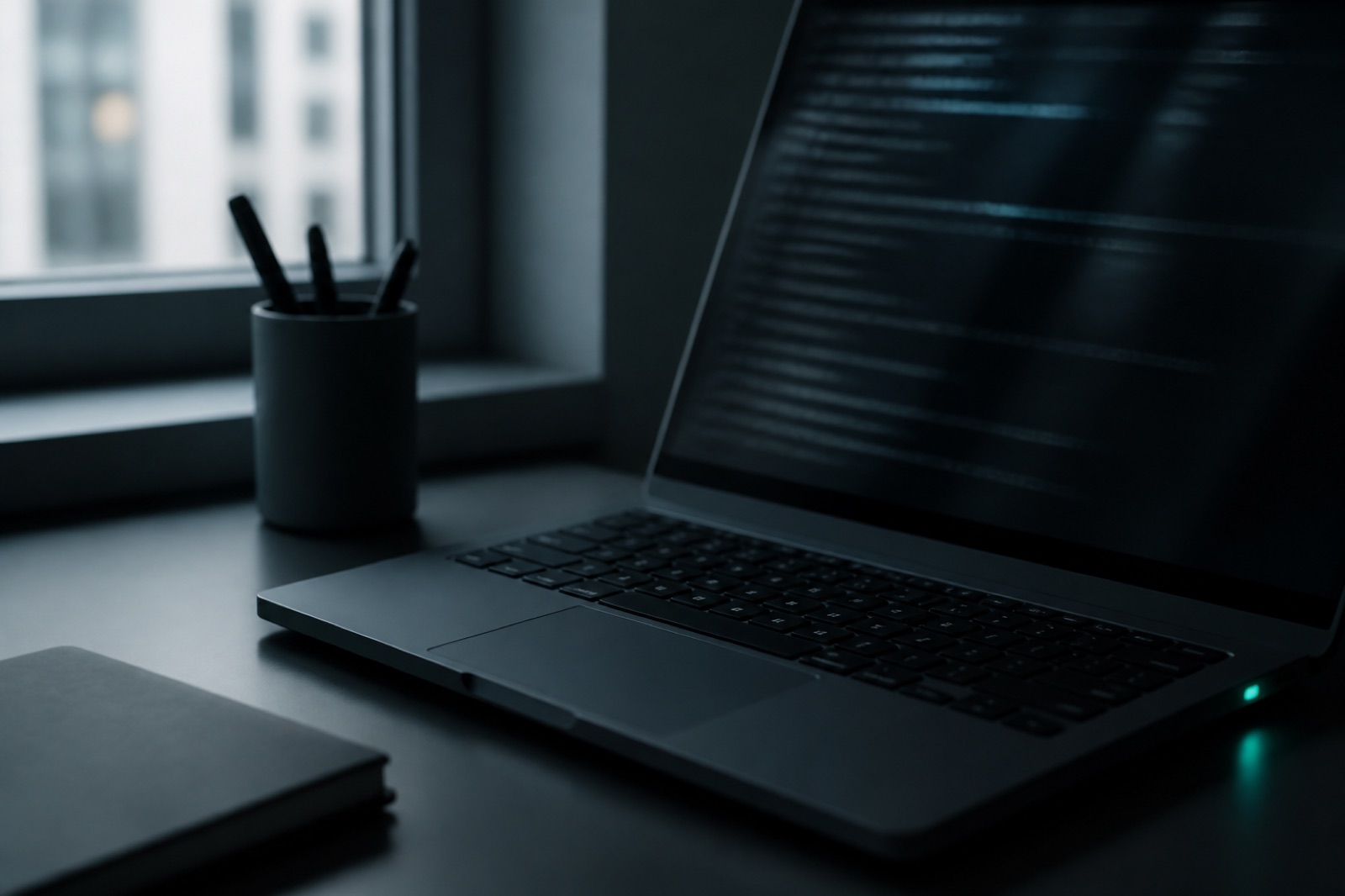 Laptop on a cool gray desk during client engineering work