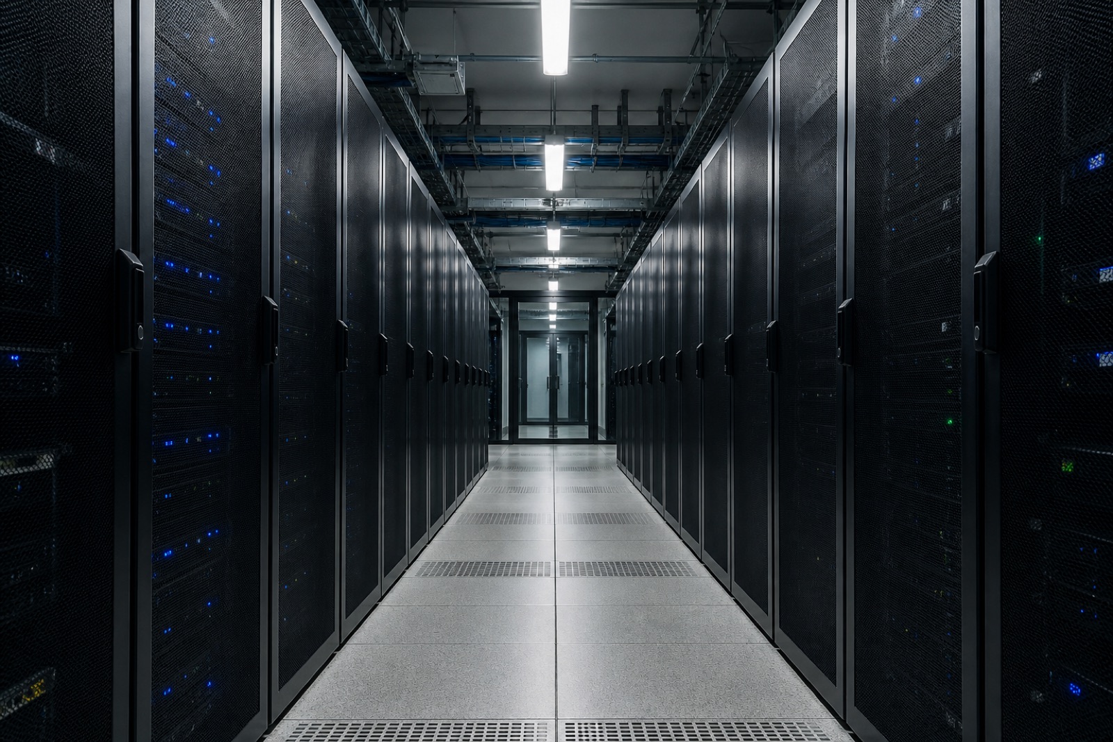 Cool-lit server aisle used for routing work